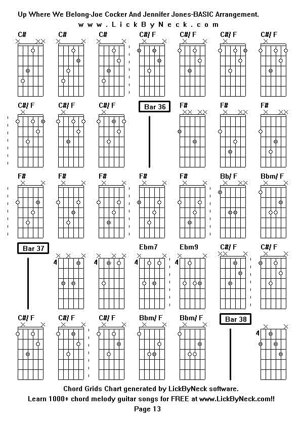 Chord Grids Chart of chord melody fingerstyle guitar song-Up Where We Belong-Joe Cocker And Jennifer Jones-BASIC Arrangement,generated by LickByNeck software.